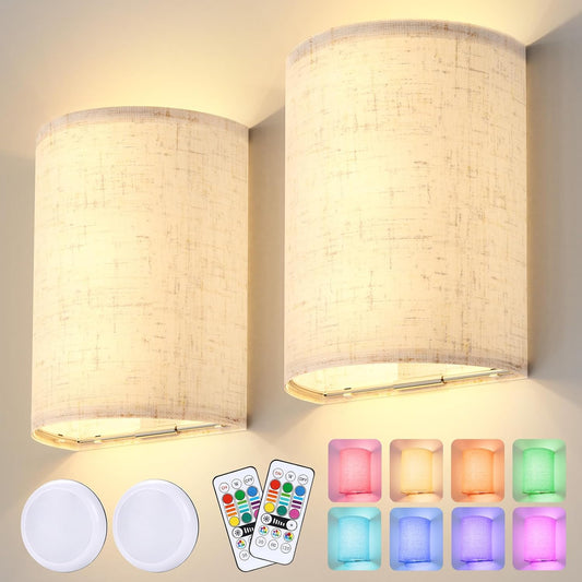 Wall Sconces Set of Two Battery Operated: Magnetic Wall Lamp Rechargeable Wall Lights 16 RGB Colors Dimmable with Fabric Linen Shade Remote Control Wall Decor for Bedroom Living Room Hallway