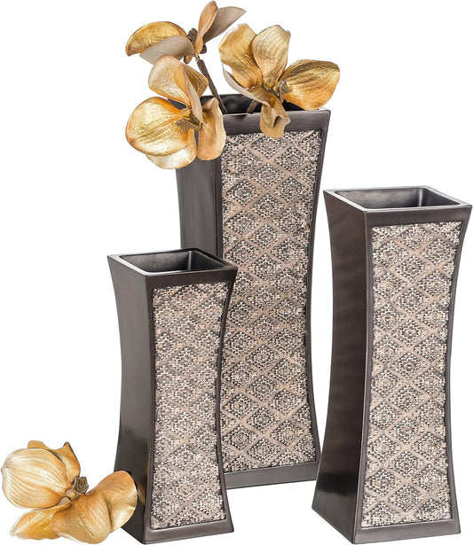 Decorative Brown Vases for Decor Centerpieces - Set of 3 Flower Vases Ideal Home Decor, Dining and Living Room Table Centerpiece, Table Decor, Bookshelf, Mantle and Entryway, Gift Boxed(Dublin)